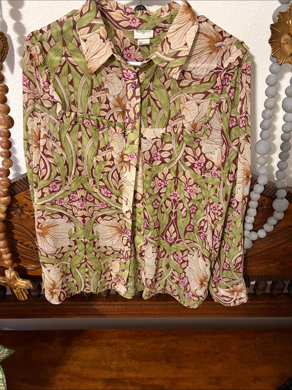 Floral Olive Green Button-Down Shirt with Pink Accents